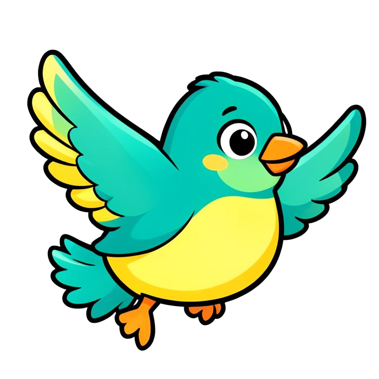 TypeFly's cheerful bird mascot flying through a sunny sky